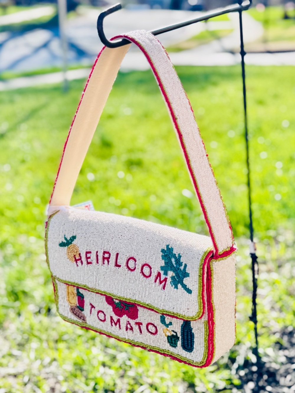 Heirloom Tomato Beaded Shoulder Bag - Cream with Tomato Bag Charm - Picture 3 of 13